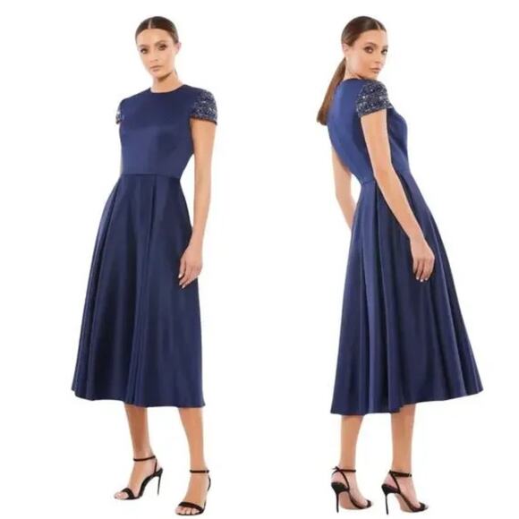 Mac Duggal High Neck Cap Sleeve Tea Length Dress 8 Blue NWT - Picture 1 of 10